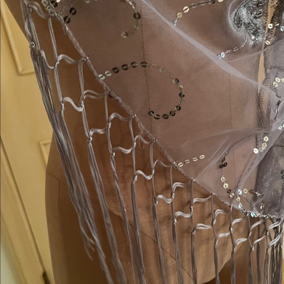 EVENING Silver Grey Floral Sequin Boho Fringe 21x72 Cocktail Prom Holiday Scarf - Picture 3 of 12